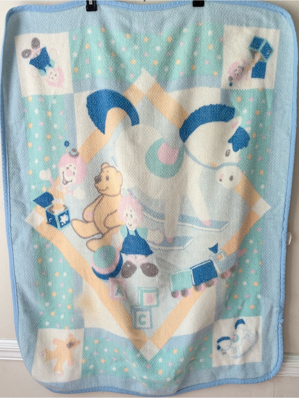 Vintage Sears Colormates Rocking Horse Pastel Baby Blanket